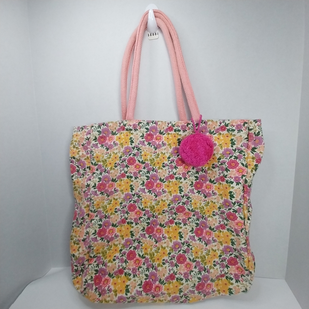 Eccolo Women's Bight Pink Floral Canvas Medium Size Reusable Tote Bag